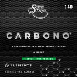 Encordadura para Guitarra Clásica Profesional Nylon Carbón, Entorchado Doble Plata, Tensión Media Alta Mod. E-440 (PAQUETE DE 2 
