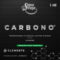 Encordadura para Guitarra Clásica Profesional Nylon Carbón, Entorchado Doble Plata, Tensión Media Alta Mod. E-440 (PAQUETE DE 2 