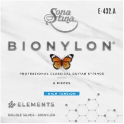 Encordadura para Guitarra Clásica Profesional, Bionylon, Entorchado Doble Plata, Tensión Alta Mod. E-432.A