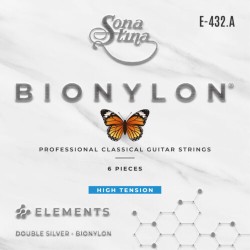 Encordadura para Guitarra Clásica Profesional, Bionylon, Entorchado Doble Plata, Tensión Alta Mod. E-432.A (PAQUETE DE 2 JUEGOS,