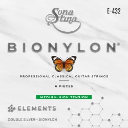 Encordadura para Guitarra Clásica Profesional, Bionylon, Entorchado Doble Plata, Tensión Media Alta Mod. E-432 (PAQUETE DE 2 JUE