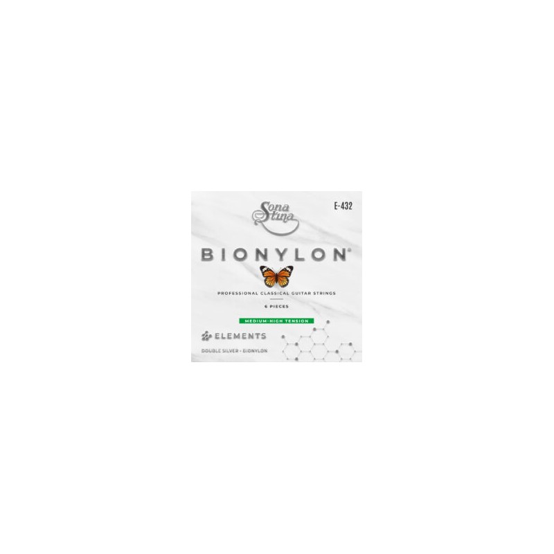 Encordadura para Guitarra Clásica Profesional, Bionylon, Entorchado Doble Plata, Tensión Media Alta Mod. E-432 (PAQUETE DE 3 JUE